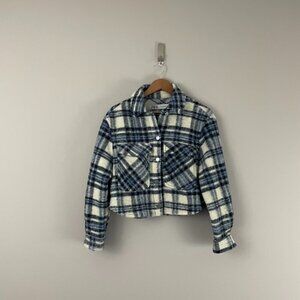 Zara Cropped Blue Plaid Button Front Shacket Jacket Size XS